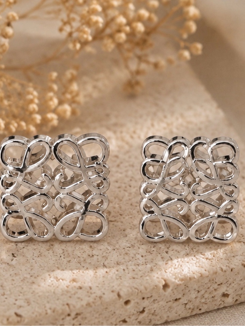 Silver Openwork Square Stud Earrings | Designer Inspired